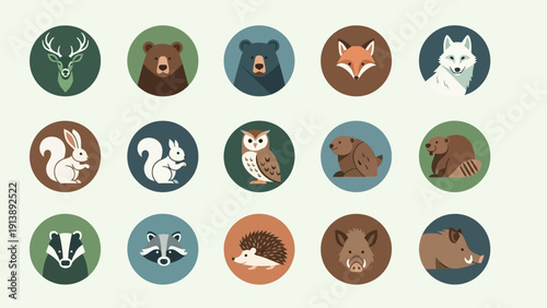 Set of stylized forest animal icons in circles