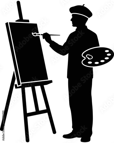 Professional artist silhouette painting on canvas with brush and palette, creative art studio workshop, painter wearing beret, fine art illustration, creativity.