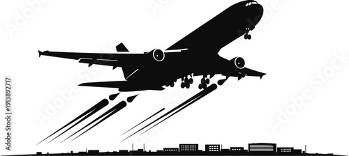 Large commercial airplane silhouette taking off from airport runway, aviation travel flight, passenger jet ascending into sky, international tourism, transport logistics, business journey.