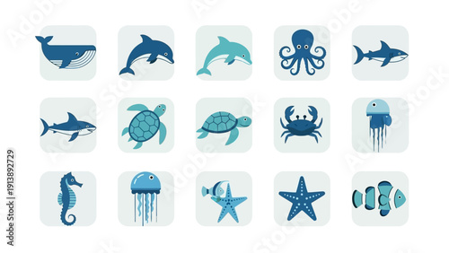 Collection of marine animals in flat design