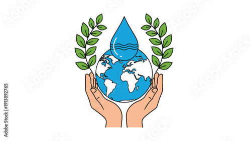 Protective hands hold the world globe under a blue water drop and laurel branches symbolizing international efforts in water preservation.