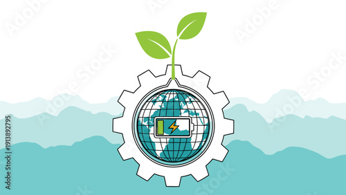 Green energy battery icon within a globe and gear against mountain silhouettes represents sustainable technology for clean power storage.