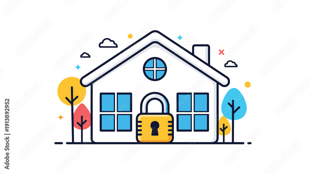 Fototapeta premium Colorful line art of a white house with a yellow padlock on the door surrounded by trees representing home security and property protection.