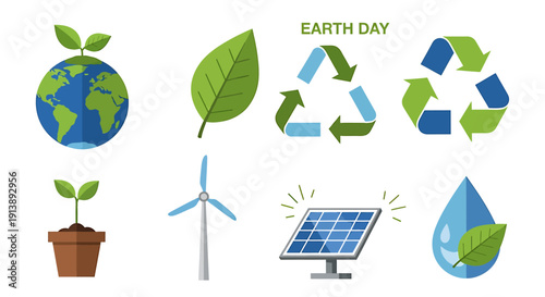A comprehensive collection of vibrant icons symbolizing environmental sustainability, renewable energy sources, and eco-friendly practices for a greener future