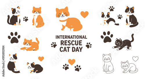 Celebrating International Rescue Cat Day with adorable cat illustrations, showcasing various cat breeds in different poses and emotions against a clean background from a straightforward viewpoint