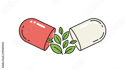 Medical capsule split in two with green leaves spilling out illustrates the concept of natural medicine, herbal supplements, and organic health.