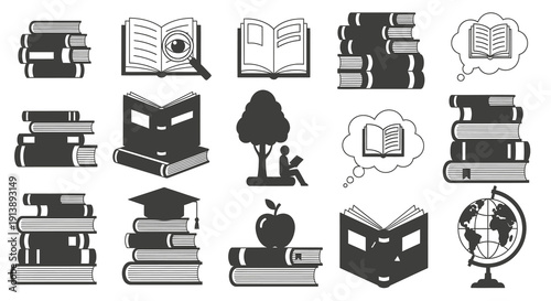 Diverse monochrome icon collection symbolizing knowledge, education, and learning. Features book stacks, open books, study elements, and literature for academic and intellectual themes