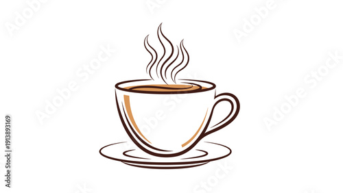 Elegant line drawing of a steaming coffee cup on a saucer features swirling steam lines and a warm brown color palette for cafe branding.