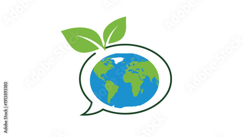 Globe within an oval speech bubble with two green leaves on top conveys a strong message regarding global ecology and sustainable development.