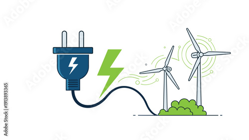 Blue electric plug connected to a winding cord that leads to two wind turbines and green bushes represents clean wind power energy systems.