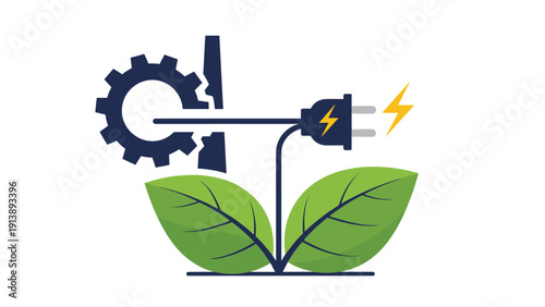 Sustainable industrial design icon combines heavy machinery gears with electric plugs and green leaves for clean energy manufacturing.