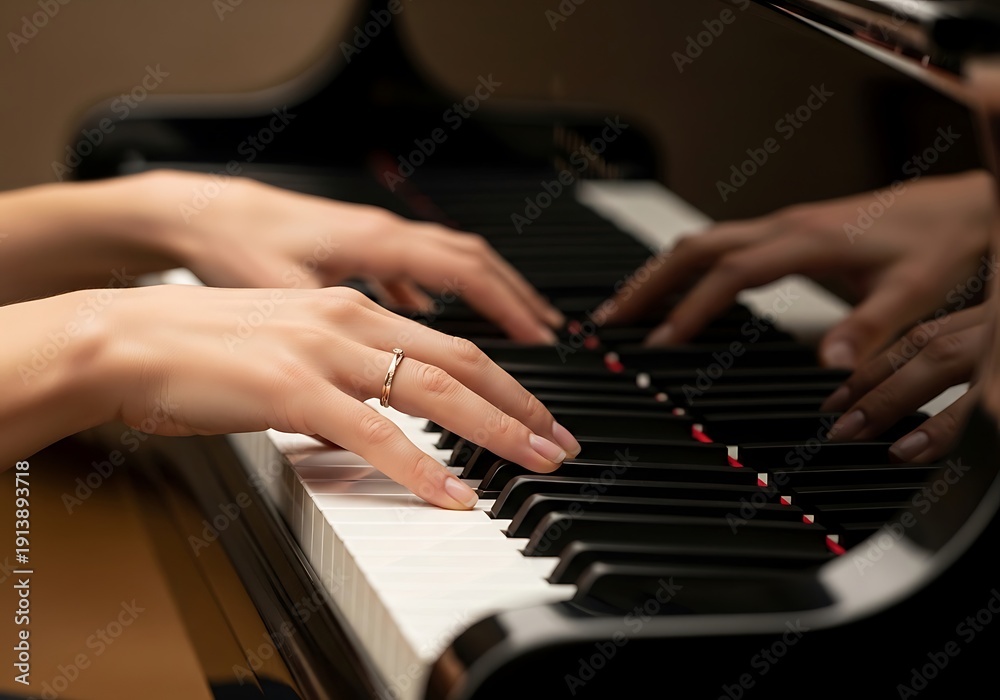 Obraz premium Elegant hands on grand piano keys creating a musical masterpiece sound