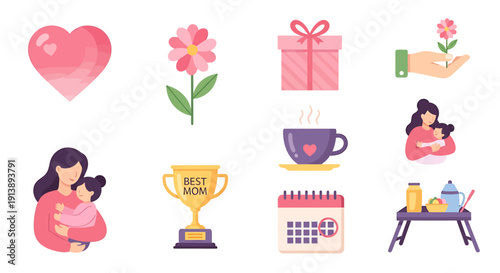 Collection of Mother's Day icons featuring a heart, flower, gift, trophy, coffee, mother and child, calendar, and breakfast tray