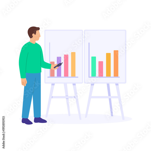 Bar Charts, multiple graphical comparisons of performance, Flat vector character illustration