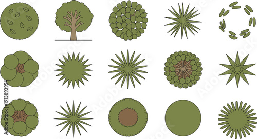 Green trees and bushes top view flat vector illustration set, landscape garden map elements isolated on white background