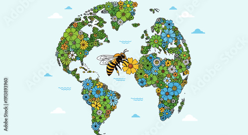 A bee pollinating flowers that form the shape of the Earth, representing ecological balance and the importance of bees for the planet's biodiversity