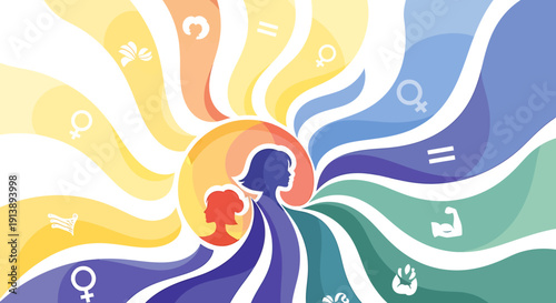 Diverse silhouettes flowing into a vibrant, multicolored spectrum with symbolic icons representing various social issues and emotions