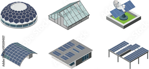 Isometric solar energy technology set vector illustration, modern photovoltaic panels dome greenhouse satellite dish and solar roof systems isolated on white background