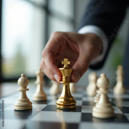 Gold chess king strategic leadership concept hand moves piece on board, businessman making decisive move in close up emotional focus