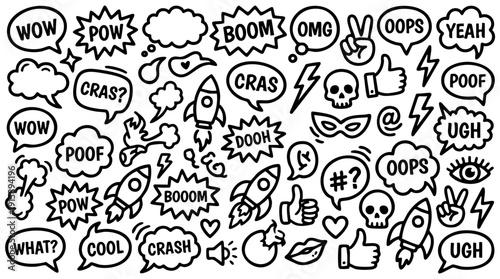 Comic boom cartoon effect line element set. Comic speech bubble pow, boom text, explosive splash smoke, wow cartoon vector icon. Hand drawn sketch doodle explosive element. Vector illustration.