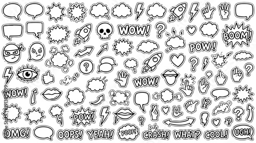 Comic boom cartoon effect line element set. Comic speech bubble pow, boom text, explosive splash smoke, wow cartoon vector icon. Hand drawn sketch doodle explosive element. Vector illustration.