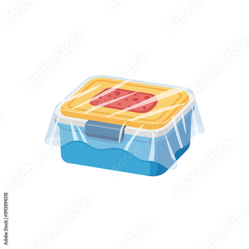 An illustration shows food covered with plastic wrap on a blue plate.