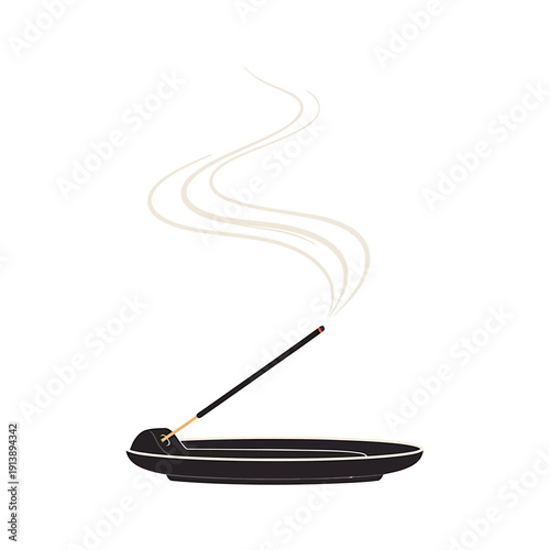 A burning incense stick on an ashtray with rising smoke, serene atmosphere, close-up view, still life, elegant design, peaceful ambiance