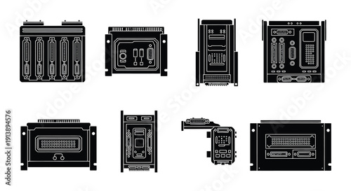Black silhouette illustrations of various electronic components and circuit boards
