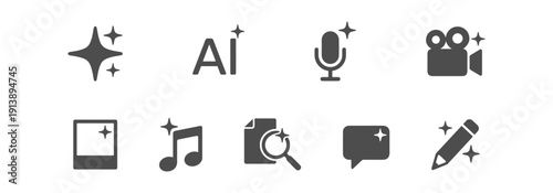 Modern Generative AI Icon Set with Sparkle Symbols for Multimedia Design, Artificial Intelligence Signs for Image Generation, Video Editing, Voice Assistant, and Music Apps