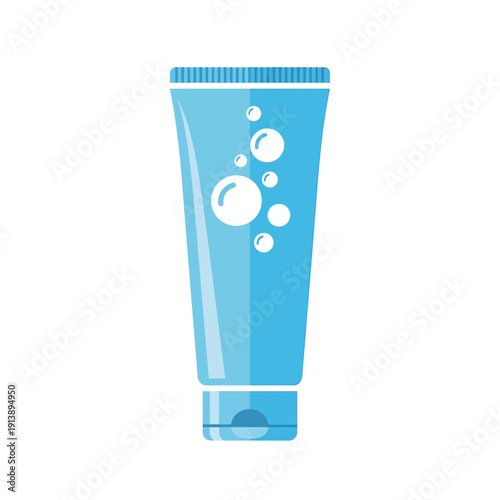 An illustration of a blue tube of soap with bubbles on a white background.
