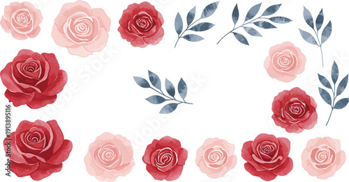 Watercolor floral border with red roses and pink flowers on white background