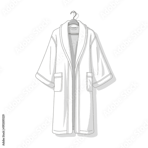 An illustration of a white bathrobe hanging on a hook indoors.