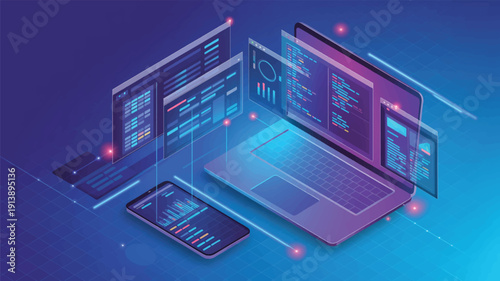 Laptop and smartphone with multiple screens and coding interfaces on a blue gradient background