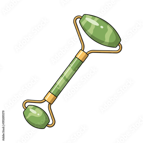 A cartoon illustration of a green jade facial roller with gold accents on a white background for skincare and beauty routines.
