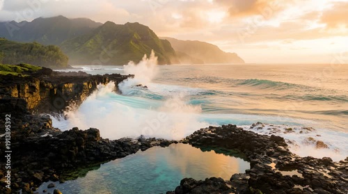 Turquoise Waters Crashing Against Black Rocks with Lush Green Mountains Under an Orange Sky
