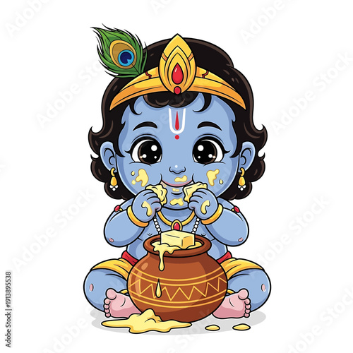 A cartoon depiction of a divine child enjoying butter from a clay pot, isolated on a white background.