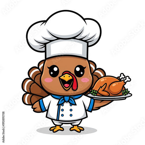 A cheerful cartoon turkey chef holds a roasted turkey on a platter.
