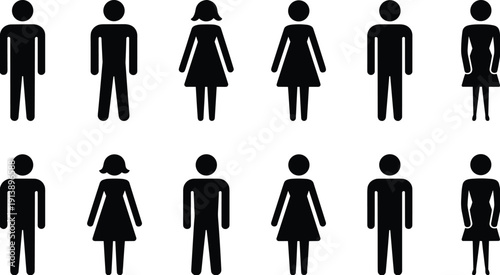 Men and women restroom icon silhouettes set, black human figure pictogram symbols, male female bathroom sign vector illustration collection