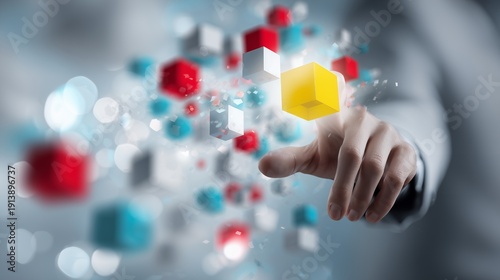 Wallpaper Mural Hand of a technology leader reaching out to touch a glowing yellow cube among floating colorful abstract data blocks, concept for digital solutions, futuristic interface and data connectivity Torontodigital.ca