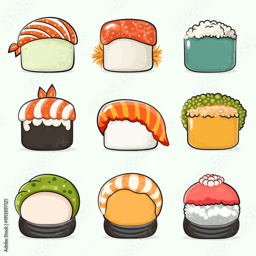 Variety of cute sushi cartoon illustrations on light background