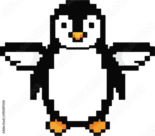 Pixelated penguin illustration with open wings on white background