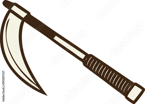 A classic scythe with a curved blade and wooden handle, evoking a sense of traditional farming and harvesting