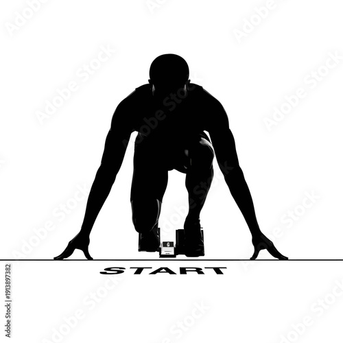 Silhouette of athlete poised at starting line ready to sprint.