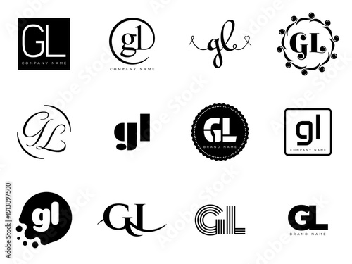 GL logo company template. Letter g and l logotype. Set different classic serif lettering and modern bold text with design elements. Initial font typography.
