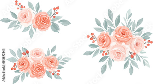 Watercolor peach roses and flowers in leafy bouquets on white background