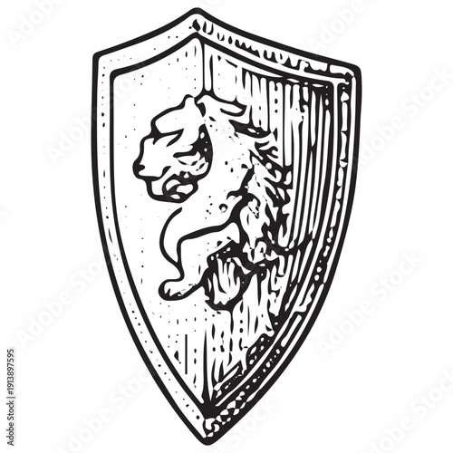 Vintage Lion Shield Illustration, Heraldic Emblem Art, Black and White Engraving