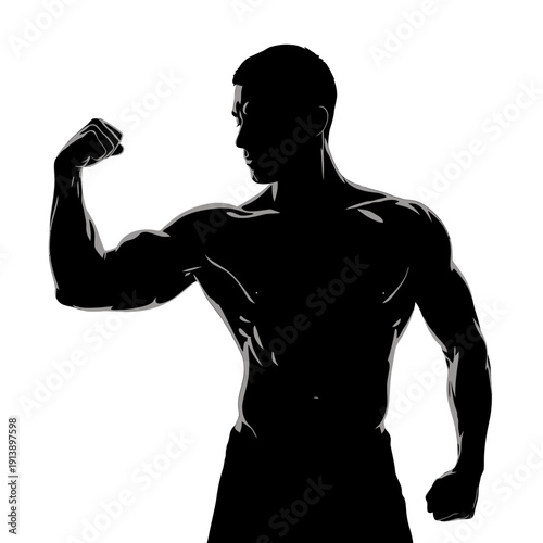 Silhouette of Muscular Man Flexing Biceps Against White Background.
