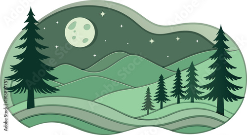 Illustration of a serene nighttime landscape with pine trees and a full moon, isolated on transparent background