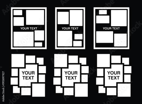 Photo collage template. Mood board layout and mosaic pictures frame on white background. Board, photo frame, photo montage, mood board, pictures, album - stock vector. 