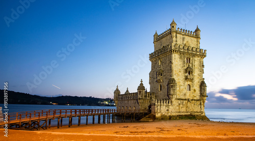 lisbon, Belem Tower at dusk - Tagus River, Portugal